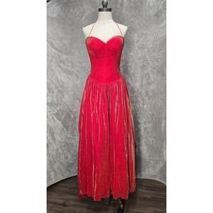 Alyce Designs Regency Red Metallic Gold Shimmer Halter Prom Gown Dress Vtg Sz 6